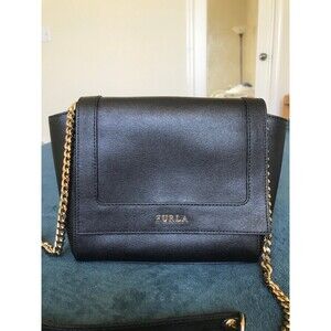 Furla Ginevra black saffiano leather chain strap crossbody bag
